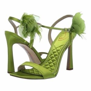 SAM EDELMAN Leana Heeled Open Toe Strappy Sandal Corsage Detail 7.5M Satin Green